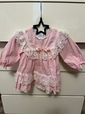 Vintage Pink Lace Trim Smocked Baby Dress
